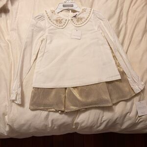 Tahari Kids White Blouse with Gold Pleated Hem